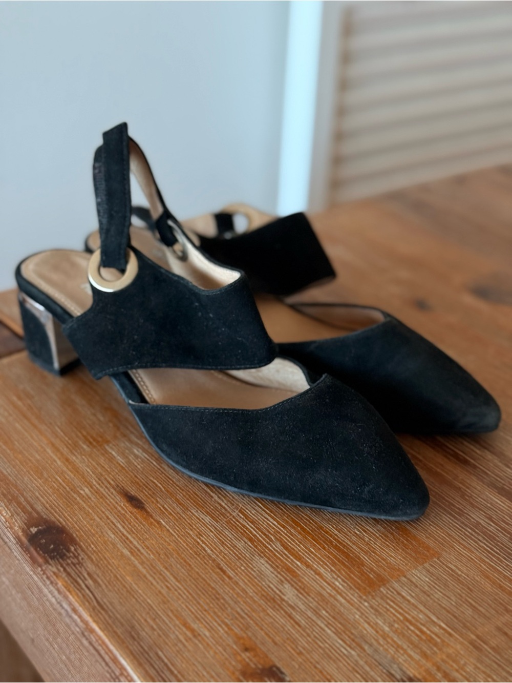 Hush Puppies Black Suede Pointed Slingback Heels with Metallic Eyelet - Picture 6 of 6